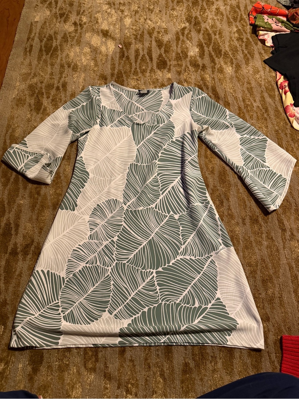 Manuhealii Green and White Leaf-Print A-Line Dress